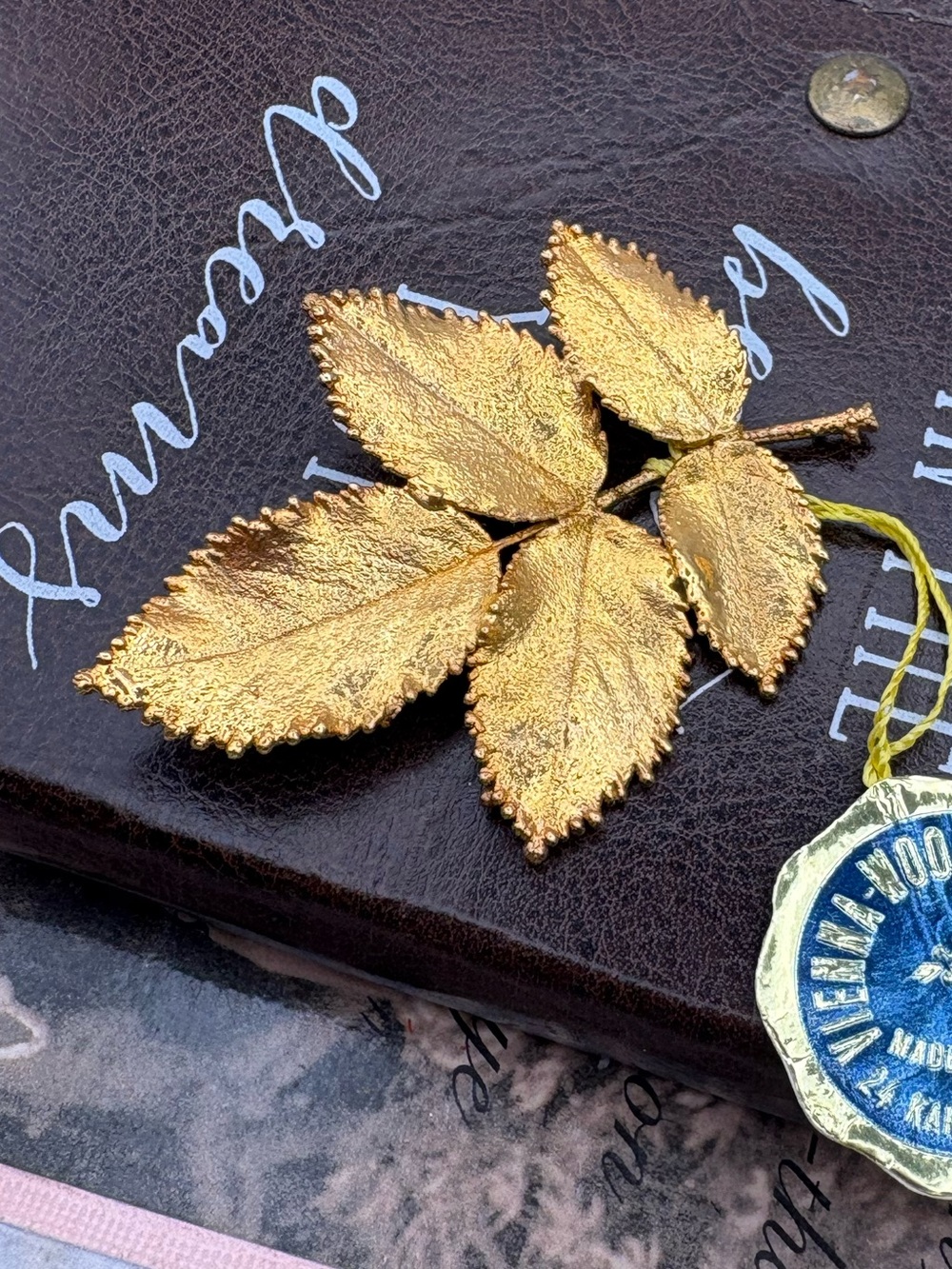 Vintage Vienna 24K Gold Plated Real Leaf Brooch Austria Botanical Pin